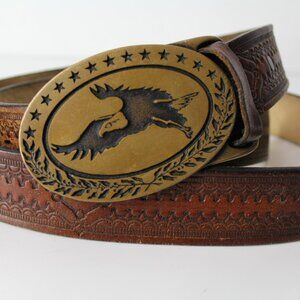 Vintage Tech-Ether Guild 1975 Bald Eagle Brass Buckle Tooled Leather Belt 42 105